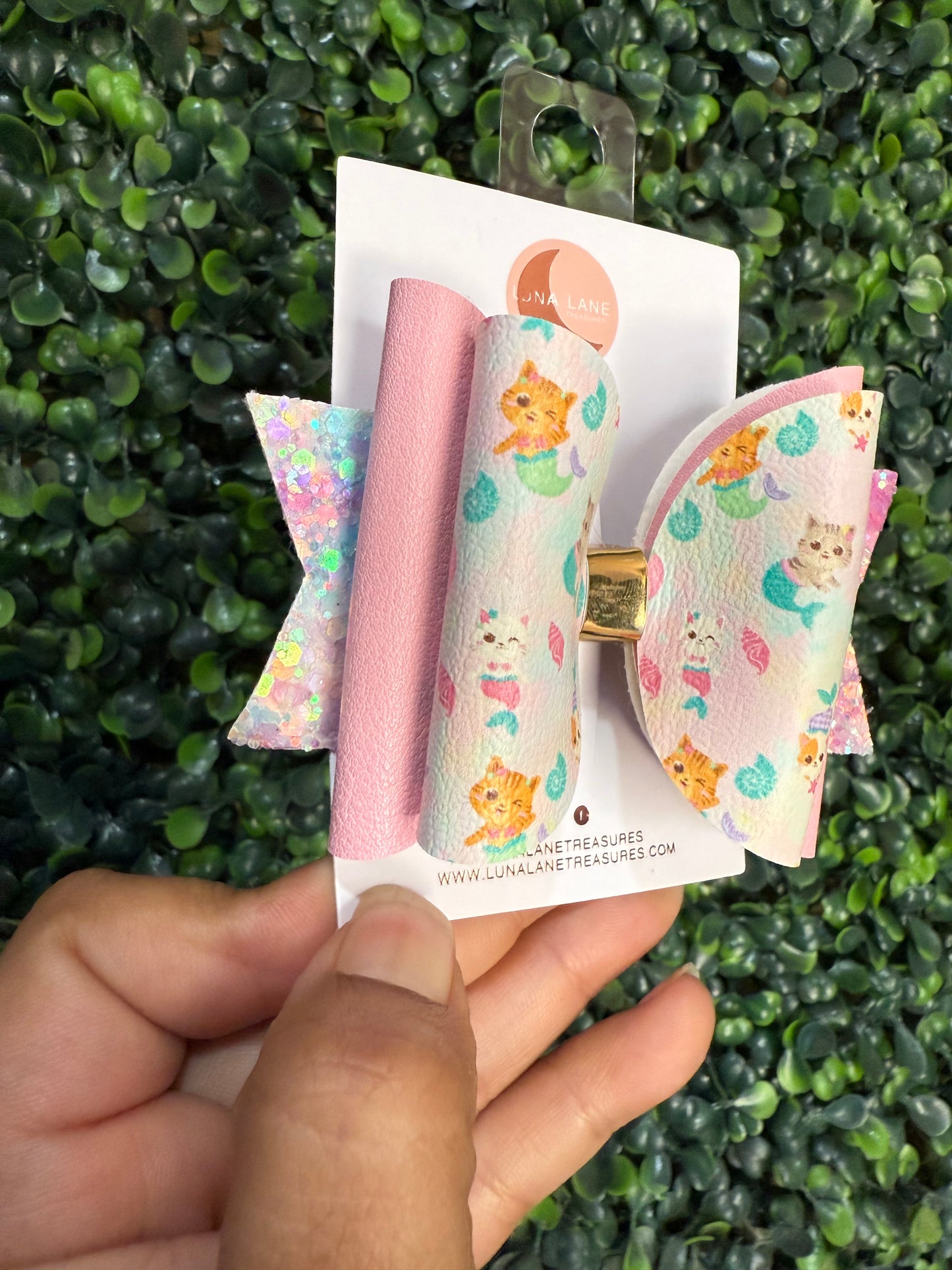 Mermaid Kitty Hair Bow Handmade Pastel Glitter Bow for Girls