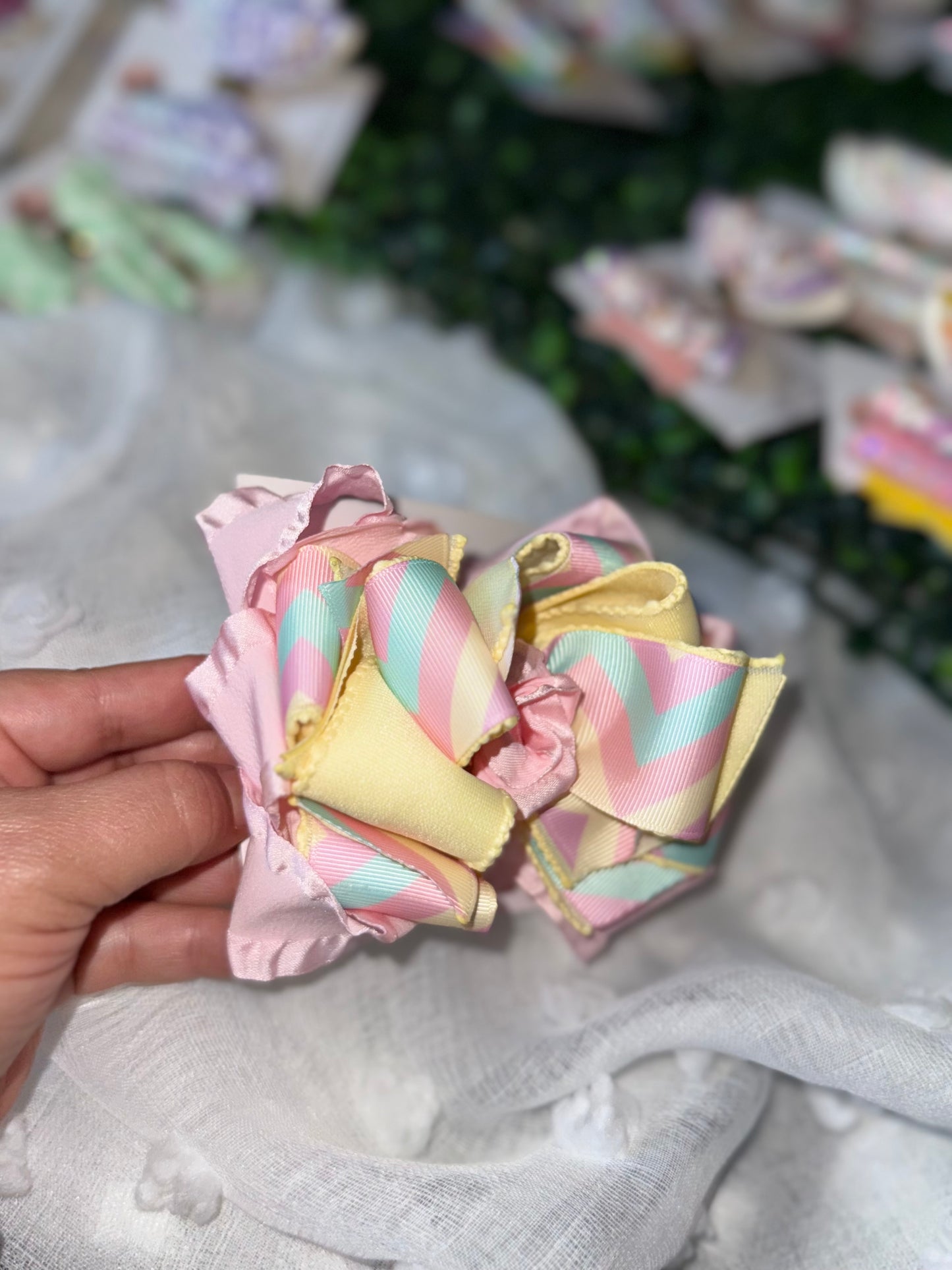 Chevron Pastel lines Ruffle Hair Bow