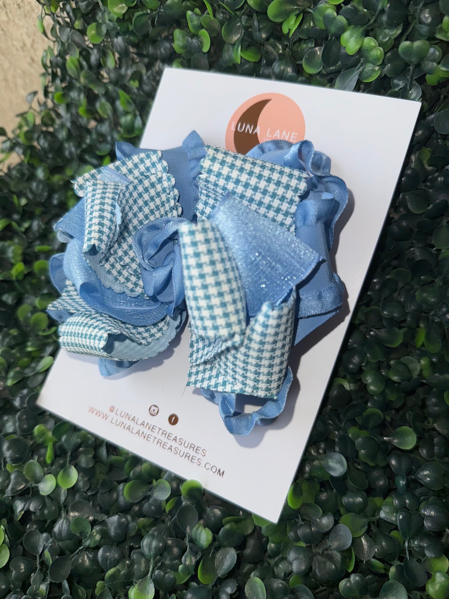 Dusty Blue Handmade Gingham Ruffle Hair Bow