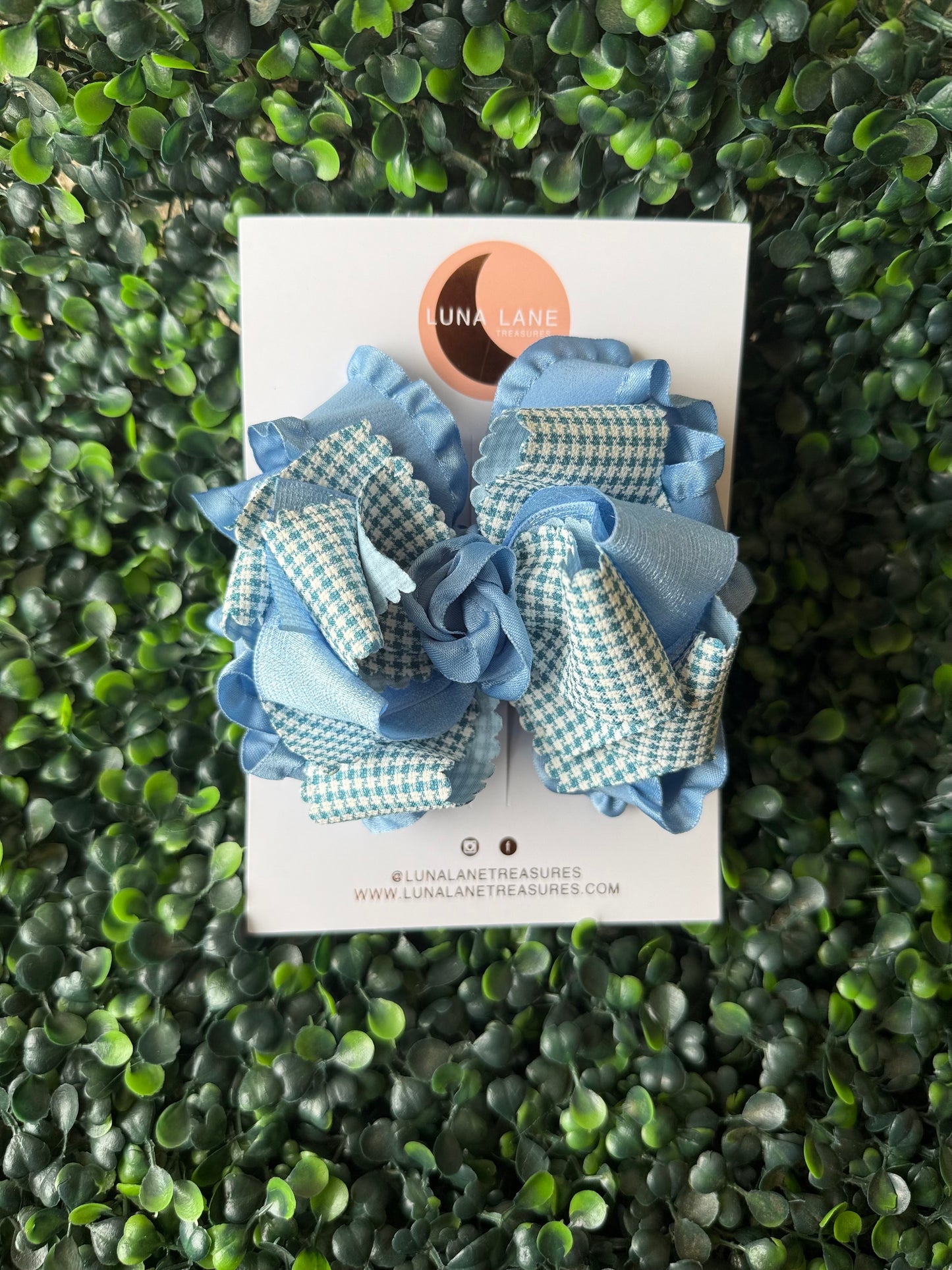 Dusty Blue Handmade Gingham Ruffle Hair Bow