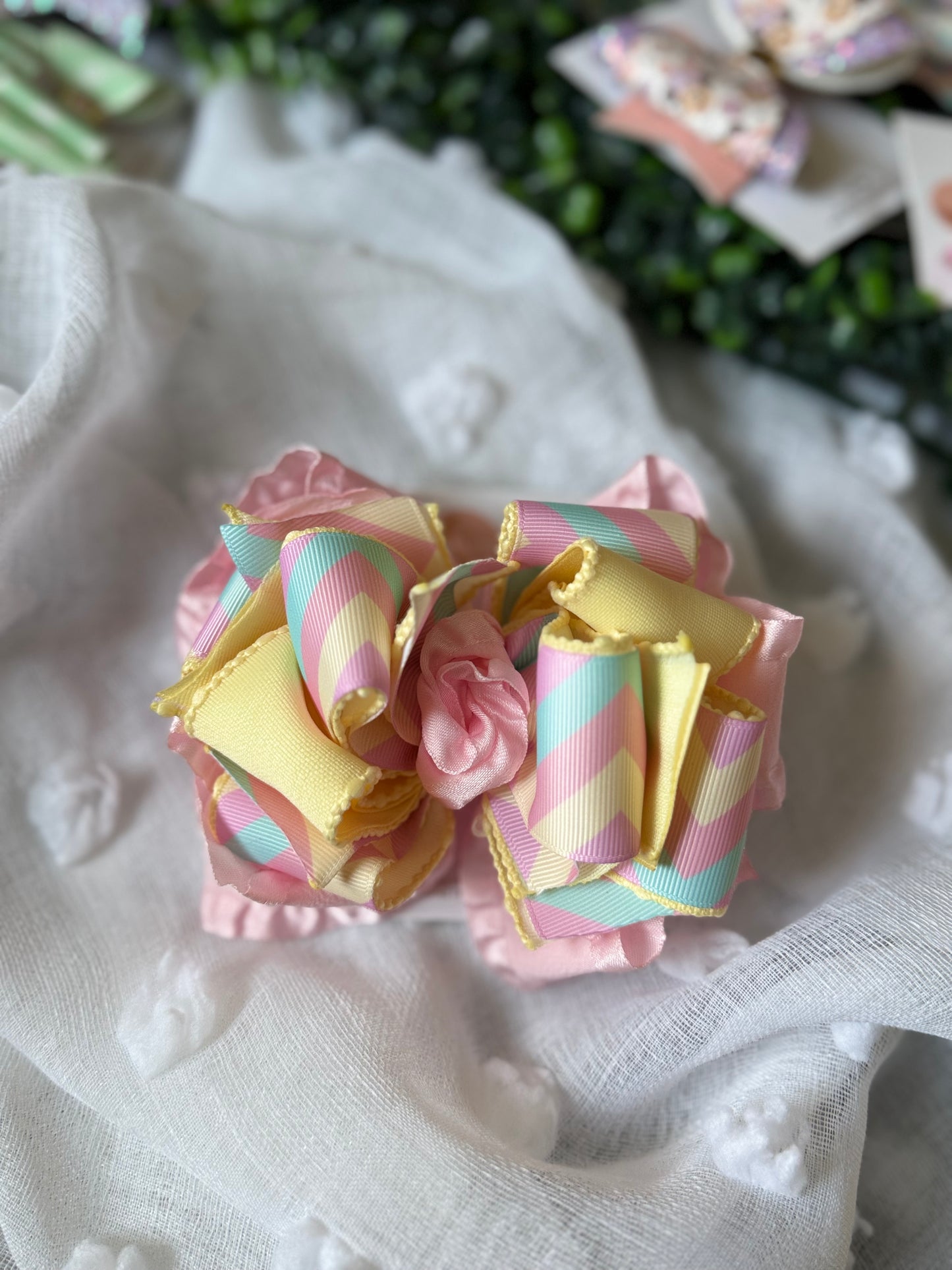 Chevron Pastel lines Ruffle Hair Bow