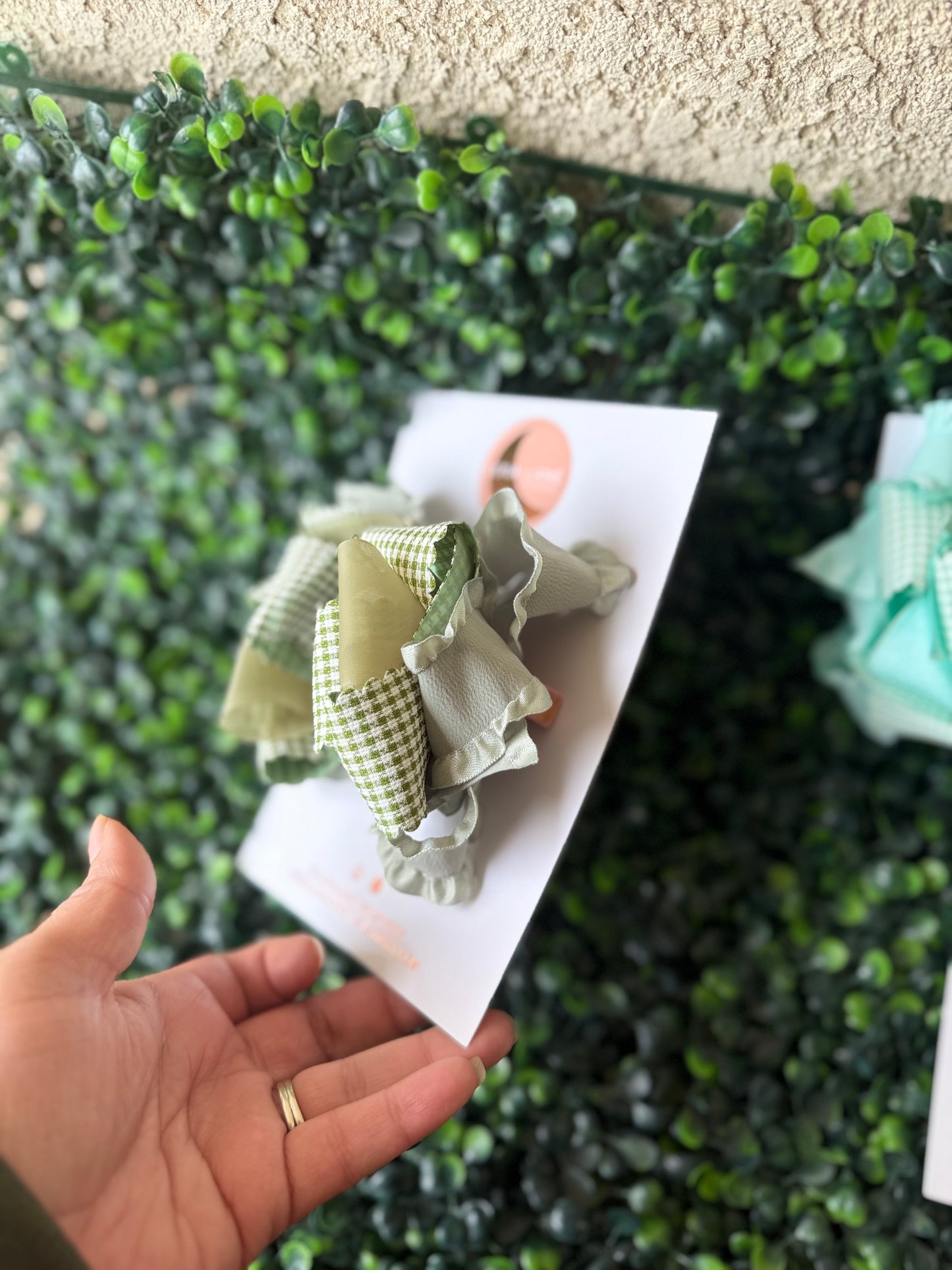 Green Handmade Gingham Ruffle Hair Bow