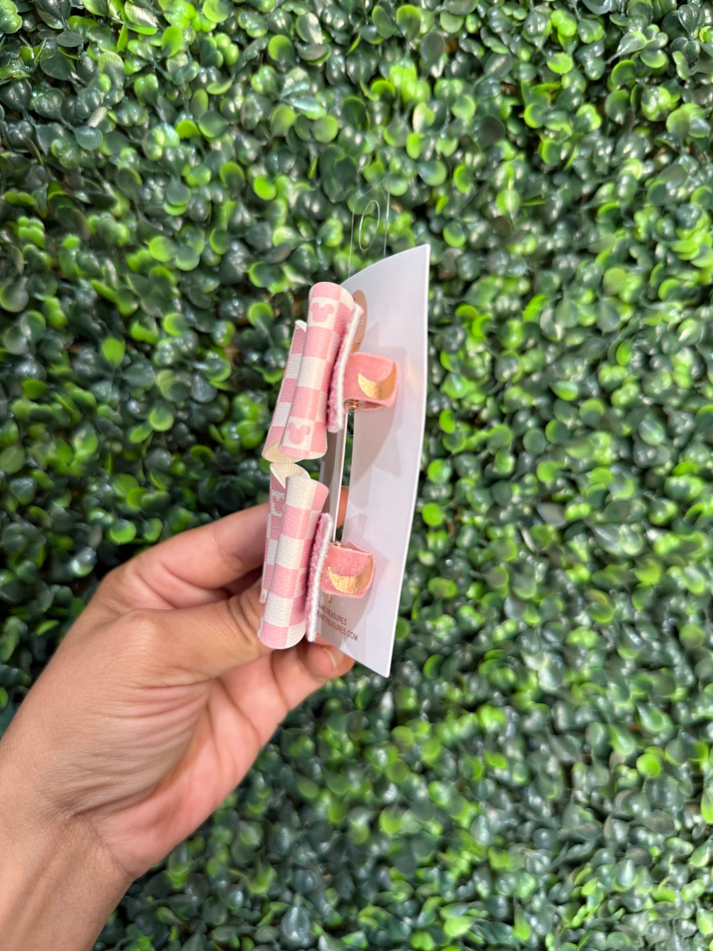 Pink Checkered Ears Bow Handmade Pastel Glitter Hair Clip