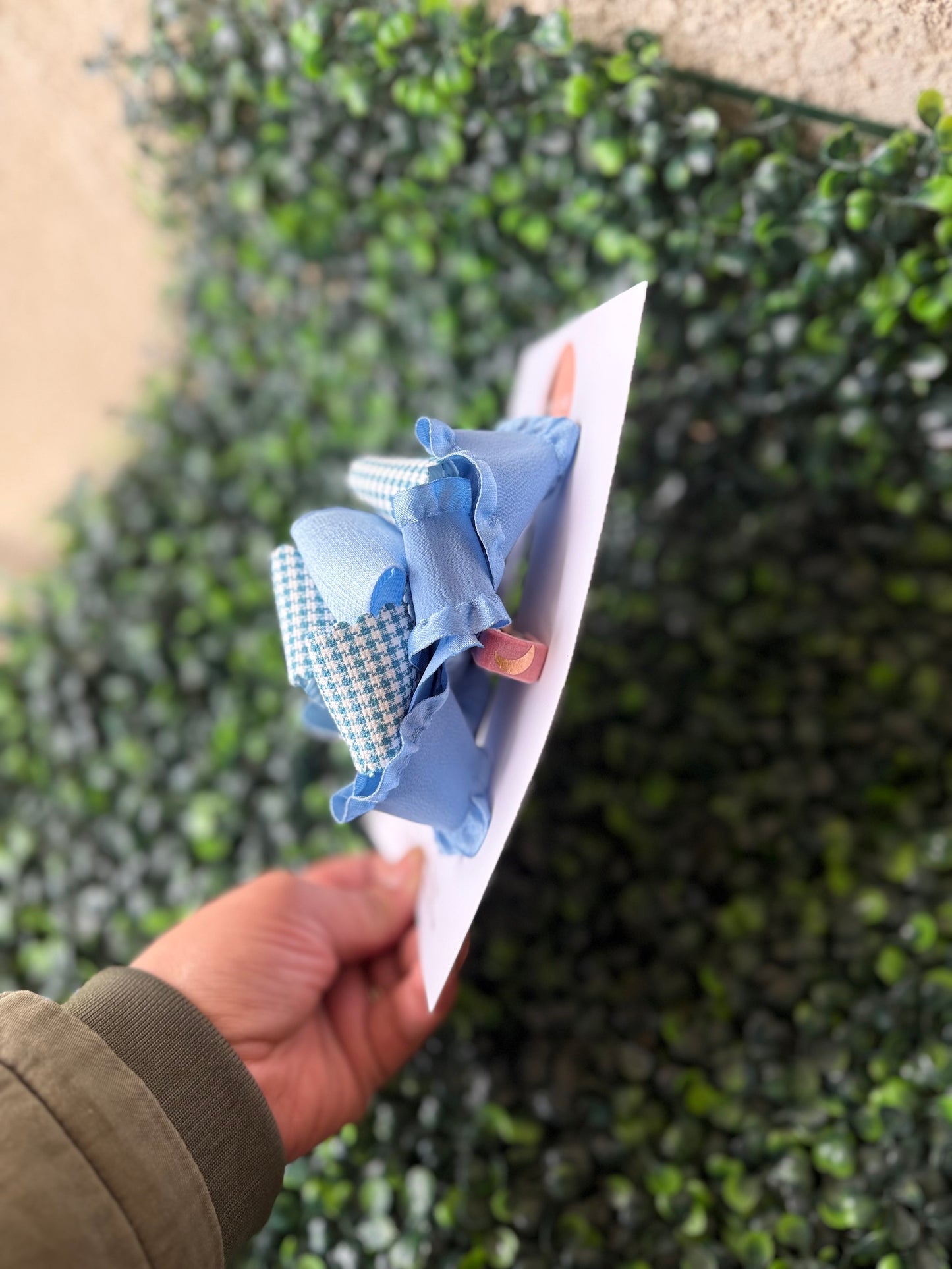 Dusty Blue Handmade Gingham Ruffle Hair Bow