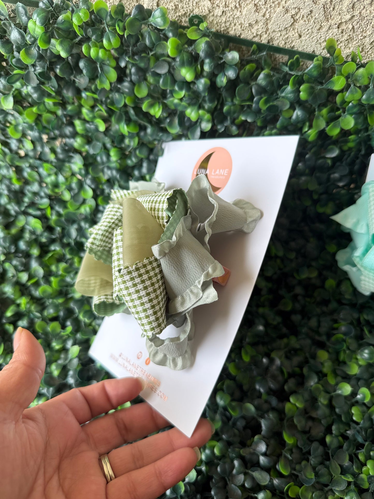 Green Handmade Gingham Ruffle Hair Bow