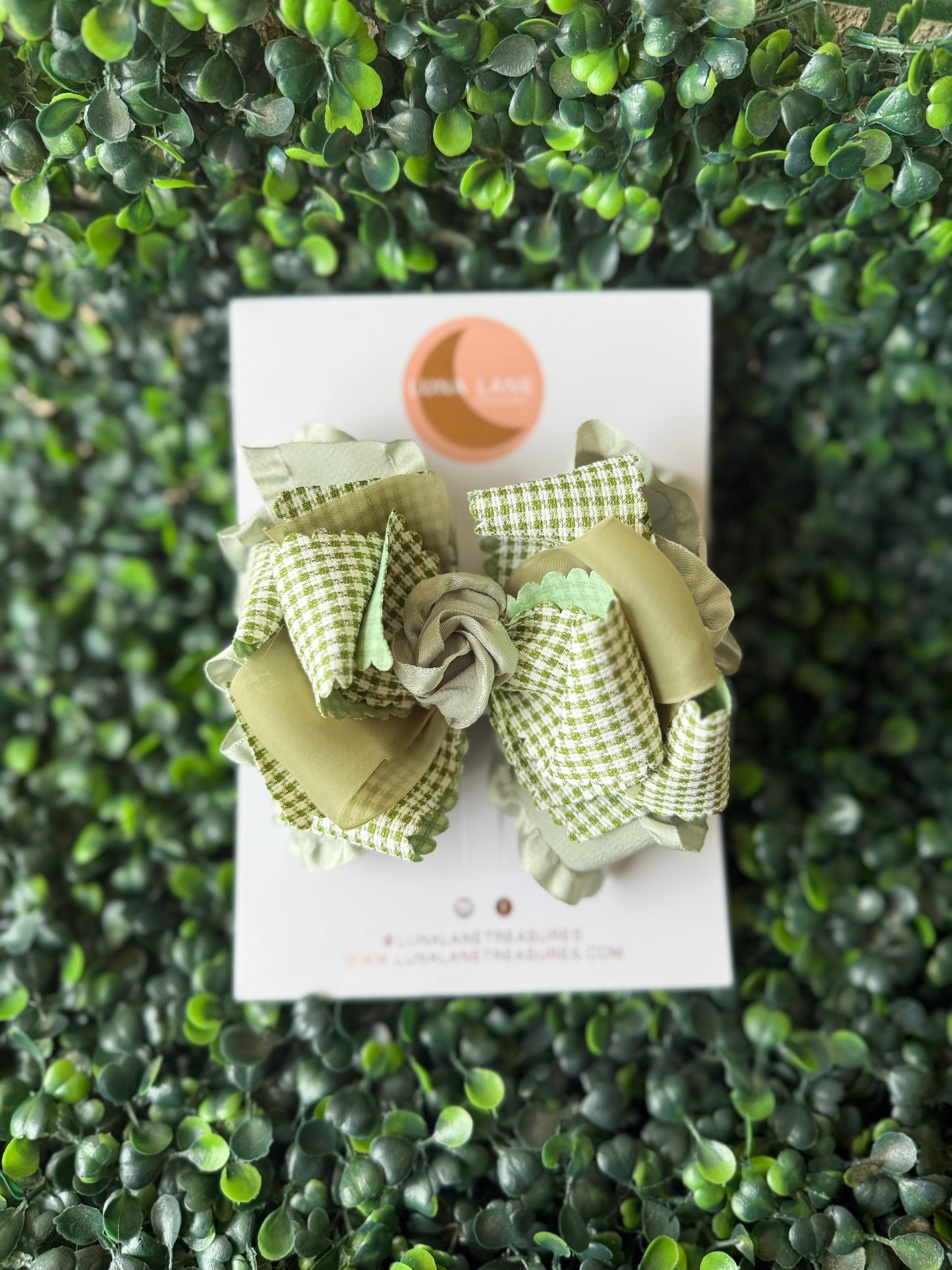 Green Handmade Gingham Ruffle Hair Bow
