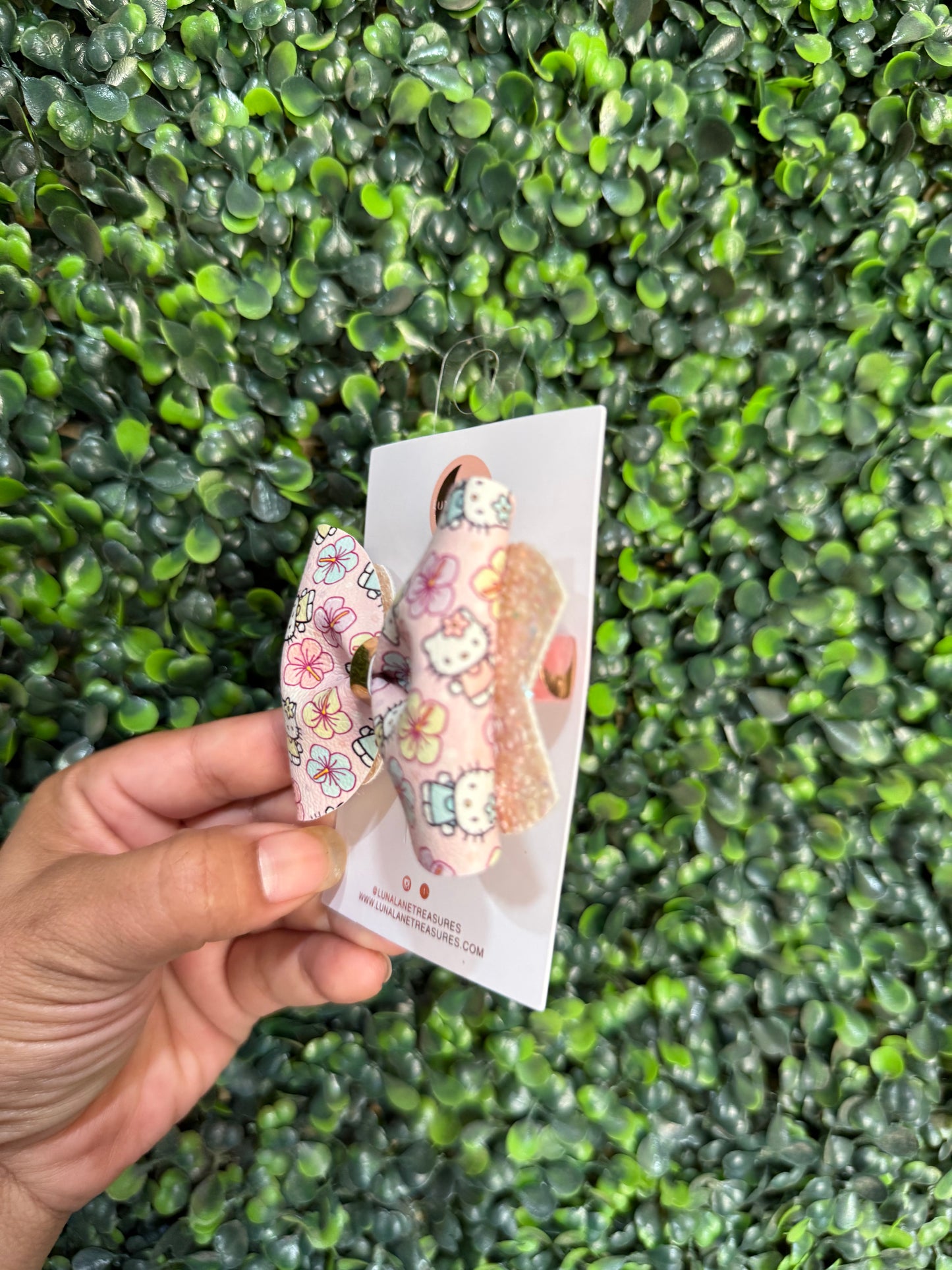 Hello Kitty Floral Bow – Handmade Pink Hair Clip with Glitter Backing