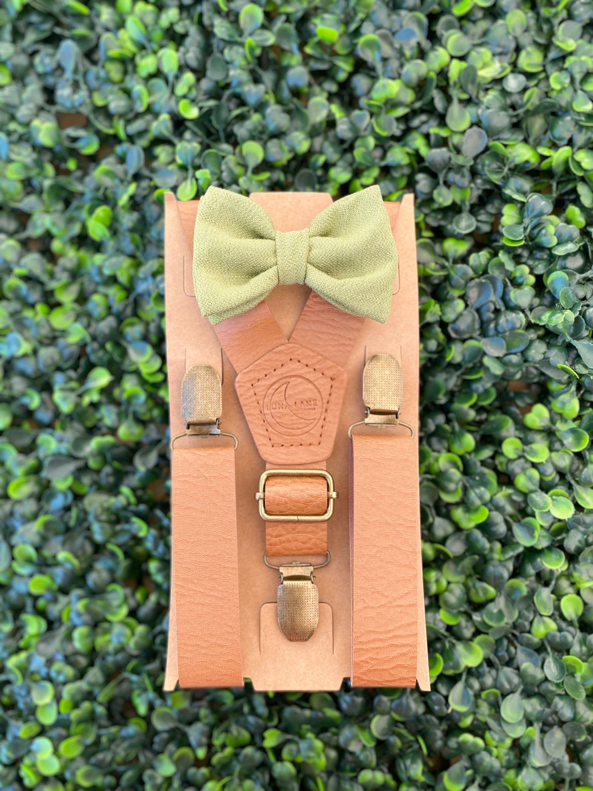 bow ties and suspenders for boys sage green color bow tie, brown leather suspenders
