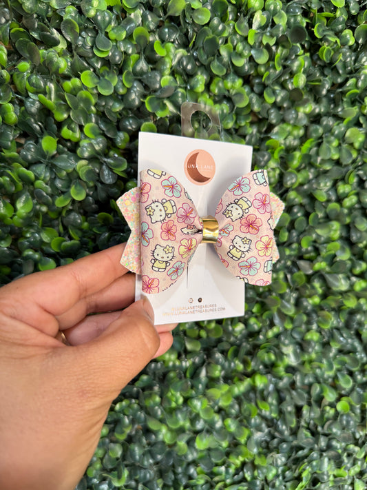 Hello Kitty Floral Bow – Handmade Pink Hair Clip with Glitter Backing