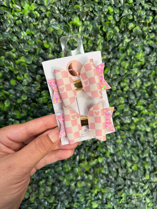Pink Checkered Ears Bow Handmade Pastel Glitter Hair Clip