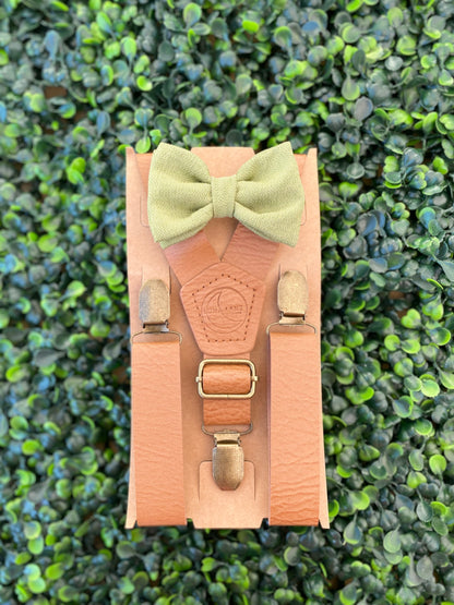 bow ties and suspenders for boys sage green color bow tie, brown leather suspenders 