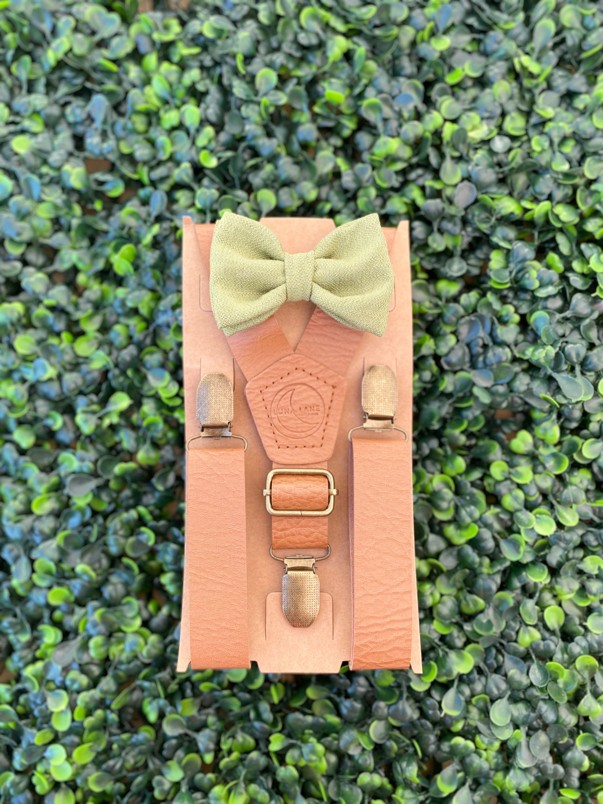 bow ties and suspenders for boys sage green color bow tie, brown leather suspenders 